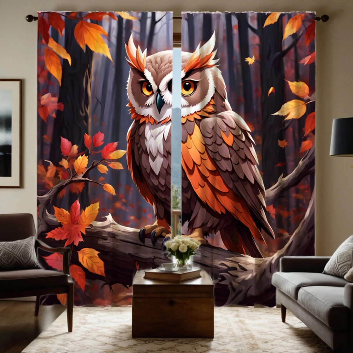 

2pcs set HD Jungle vintage Owl curtain Red tie digital printed curtain Home decor style Decorate living room bedroom Wear rod