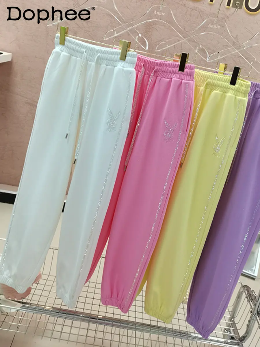 

High Quality Hot Drilling Shiny Ankle-Tied Sweatpants Women Loose Casual Pants Spring New Sweet Pink Elastic Waist Hoodie Pants