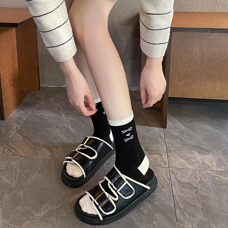 Sweet 5pairs Cute Bow Thin Medium Tube Socks for Women Solid Color Breathable Sweat Absorption Causal Socks Dropshipping