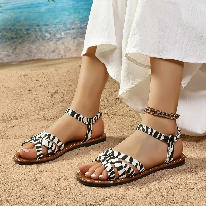 Sandalias planas con banda elástica para mujer, zapatos informales con estampado de leopardo, cómodas, talla grande, gran oferta, verano, 2024