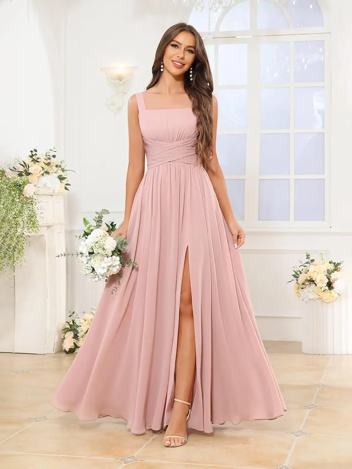 Chiffon Bridesmaid Dress with Ruffled Edges and Thin Shoulder Straps A Long Ball Dress with Pockets Elegant Evening Dress,Formal
