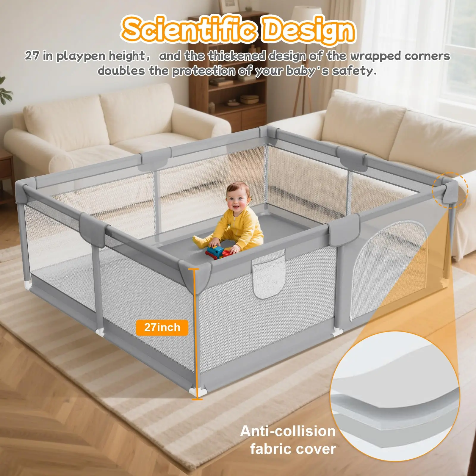Baby Play Pen Playard for Indoor & Outdoor Active Center Game Fence, with Skin-Friendly Fabric and Soft Breathable Mesh, Grey