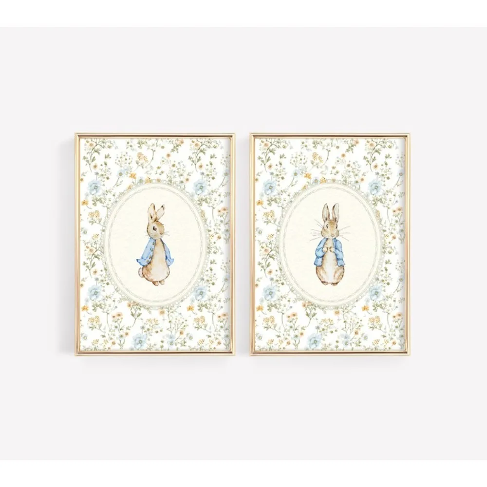 2 Pieces of Frameless Rabbit Nursery Decoration,Retro Peter Rabbit Print,Unisex Nursery Art, Beatrix Potter Print, Printable Art