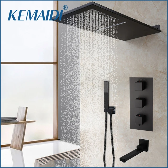 KEMAIDI Bathroom Shower Faucet Set T Multiple Thermostatic Shower Mixer Wall Mounted Matte Black Rain Waterfall Shower Systerm