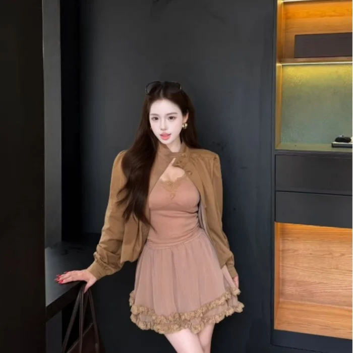 Fall 2026 Korean Style Workwear Open Cardigan Jacket Strap Vest Wooden  Ruffle Half Skirt Three Piece Set Short Casual Fit