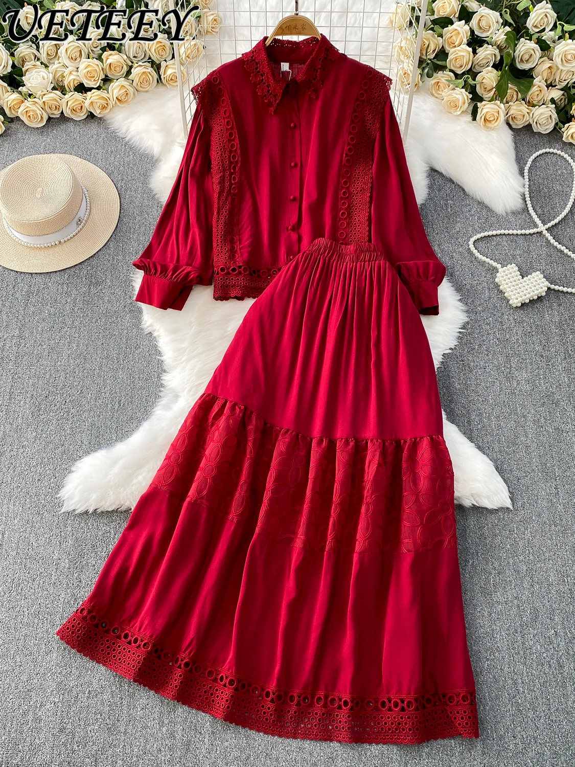 

Французская тяжелая промышленность, полое кружево, сращивание лацканов, солнцезащитная рубашка с длинными рукавами и высокой талией, узкая длинная юбка, комплект из двух предметов