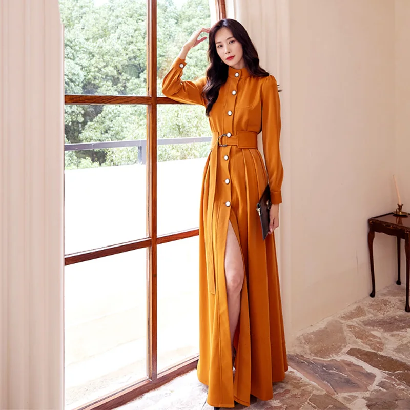 New Women Spring Autumn Orange Ankle-Length Dress Fashion Stand Collar Single Breasted Long Sleeve Dress Elegant A-Line Dress