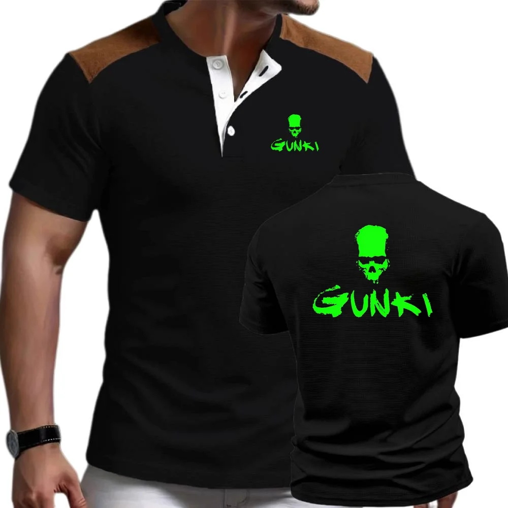 Summer Gunki Lapel Youth Trendy Men's Henley Shirts Short Sleeved T-Shirt Breathable Waffle Jersey Outdoor Athletic Tshir