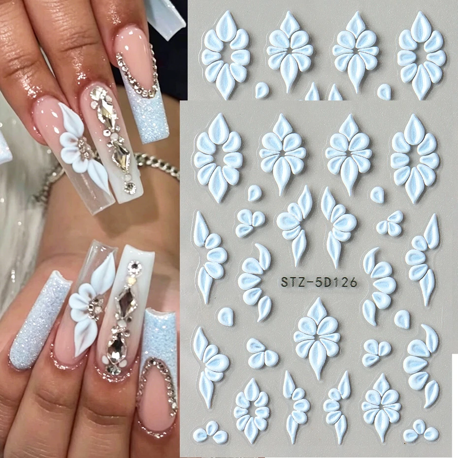 2 Stück Blaue Blühende Blumen Nagelkunst-Aufkleber 5D Geprägte Fünfblättrige Blumen- und Schmetterlingsform Nageldekoration Frühling Sommer Nageldekor