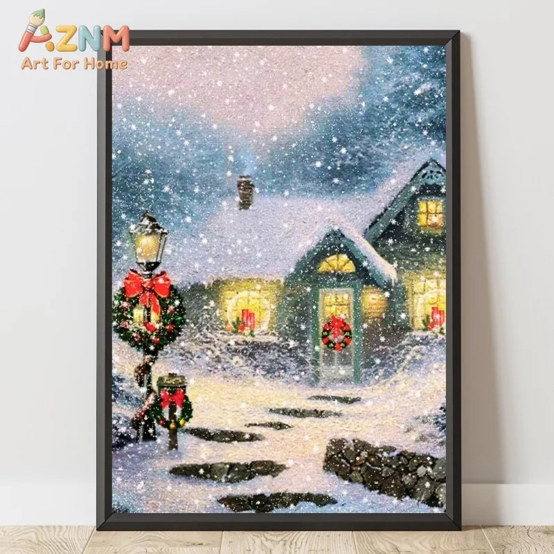 Vintage Snowy Christmas Cottage Canvas Wall Art Winter Snowfall Wreath Lantern Scene Xmas Home Wall Print Unframed Canvas Pos