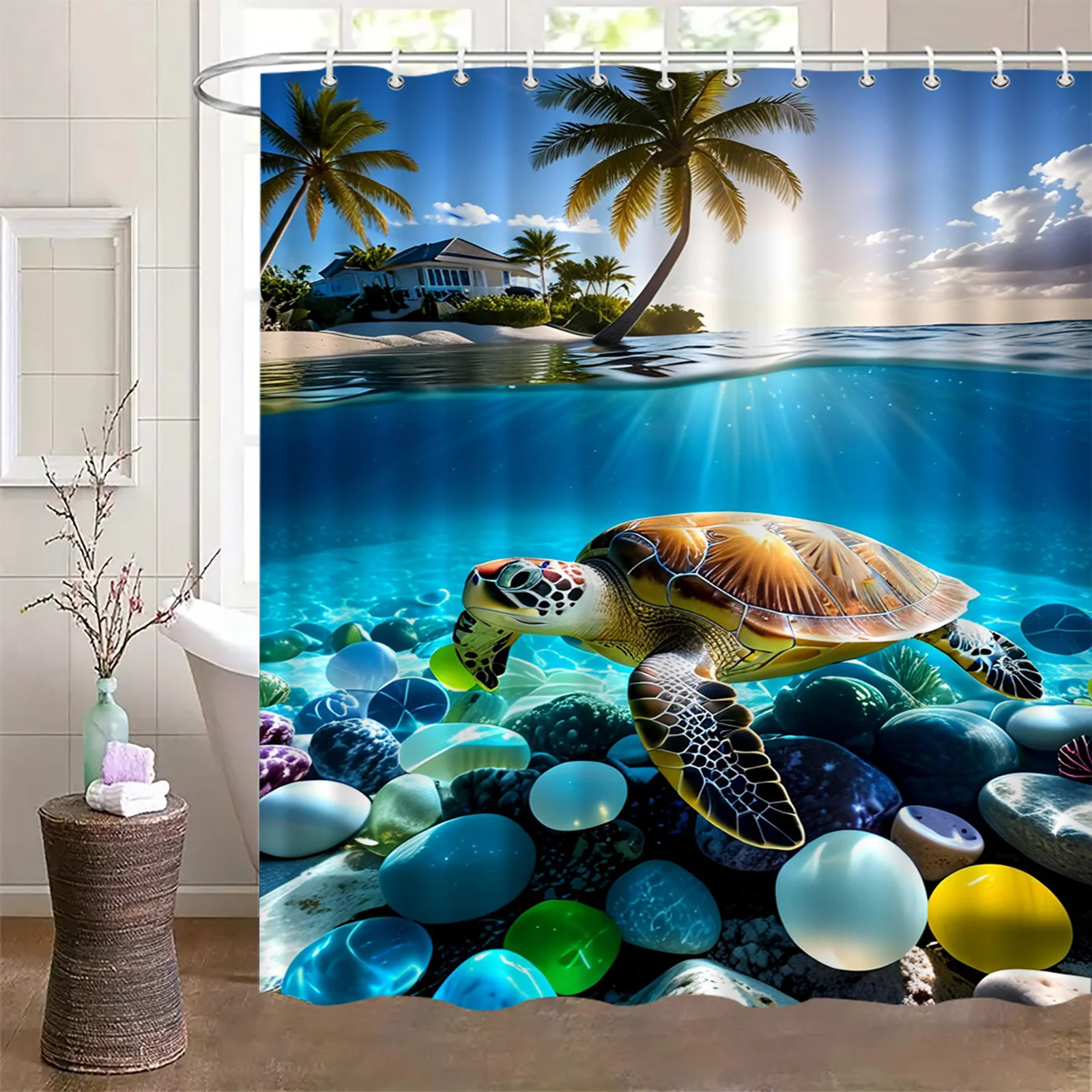 Sea Turtle Shower Curtain, Underwater Ocean View, Tropical Beach & Palm Tree Print, Waterproof Polyester Fabric Bathroom Decor