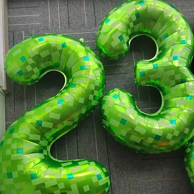 1pcs 40inch giant green pixel grid miner themed digital aluminum foil balloons 0-9 for birthday and anniversary parties