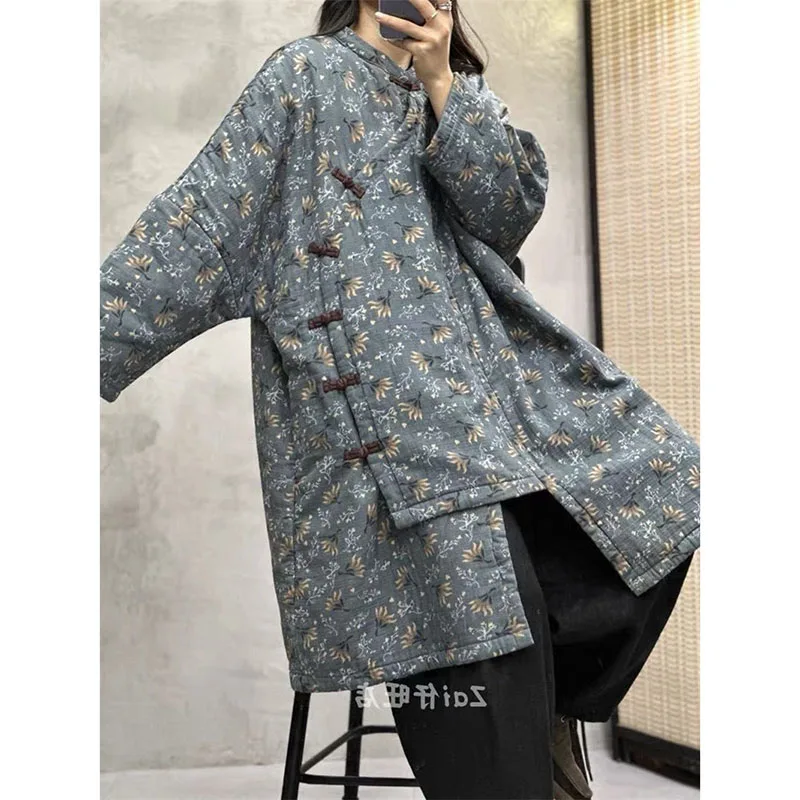 Vintage Ethnic Frog Button Long Button Coat Women Long Sleeve Warm Floral Print Jackets Autumn Winter Outwear