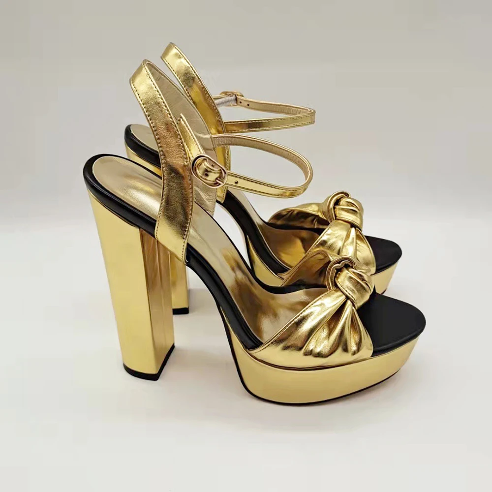 Gold Bowknot Sandals for Women Platforms High Heel Party Shoes Silver Party Dress Heels Round Toe Evening Chunky Heel Bow Shoes