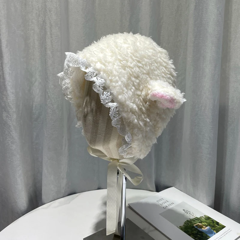 

Winter Women Sheep Ear Decor Hat Fluffy Cute Plush Sheep Design Hat Keep Warm Windproof Adjustable Female Hat Cosplay Props