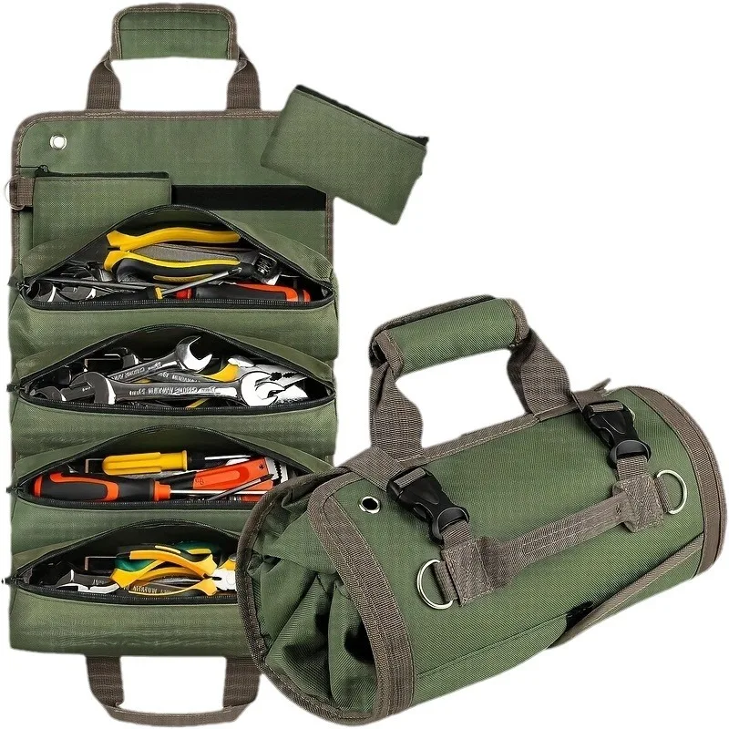 Canvas Tool Roll Bag, Large Wrench Roll with 6 Zip Pockets, Multifunctional Rolling Bag Household tools storage bag