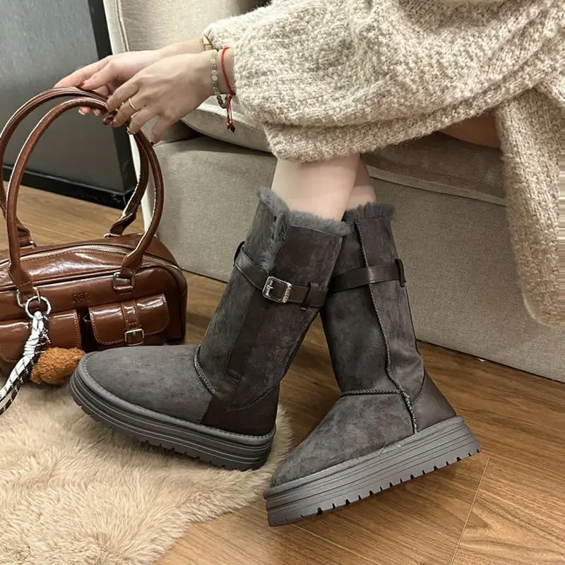 

Warm Fur Thick Bottom Suede Snow Boots Women 2025 Winter Luxury Metal Belt Buckle Knee High Boots Woman's Platform High Boots