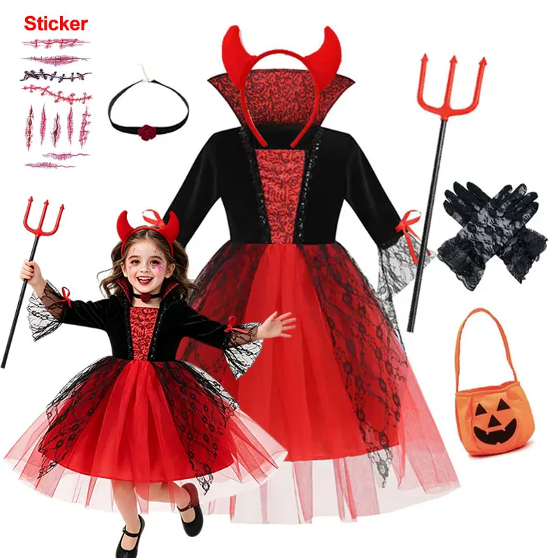 Girls Vampire Halloween Costume Black Red Lace Tulle Dress Kids Gothic Stand Collar Witch Cosplay Carnival Fancy Party Dress Up