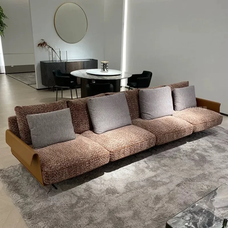 Modern Italian Fabric Sofa 4 Seater Straight Cotton Linen Down Filled Minimalist Leather Accent Couch for Small Living Room