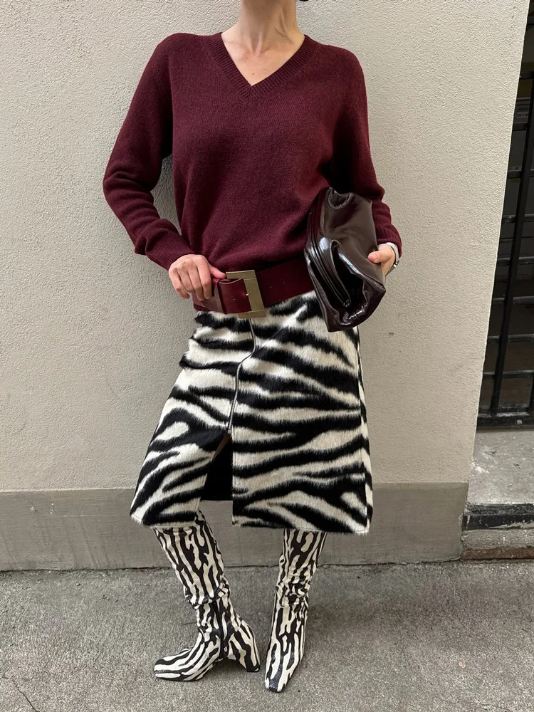 Women's Zebra Print Midi Pencil Skirt - High Waist Faux Fur Side Slit