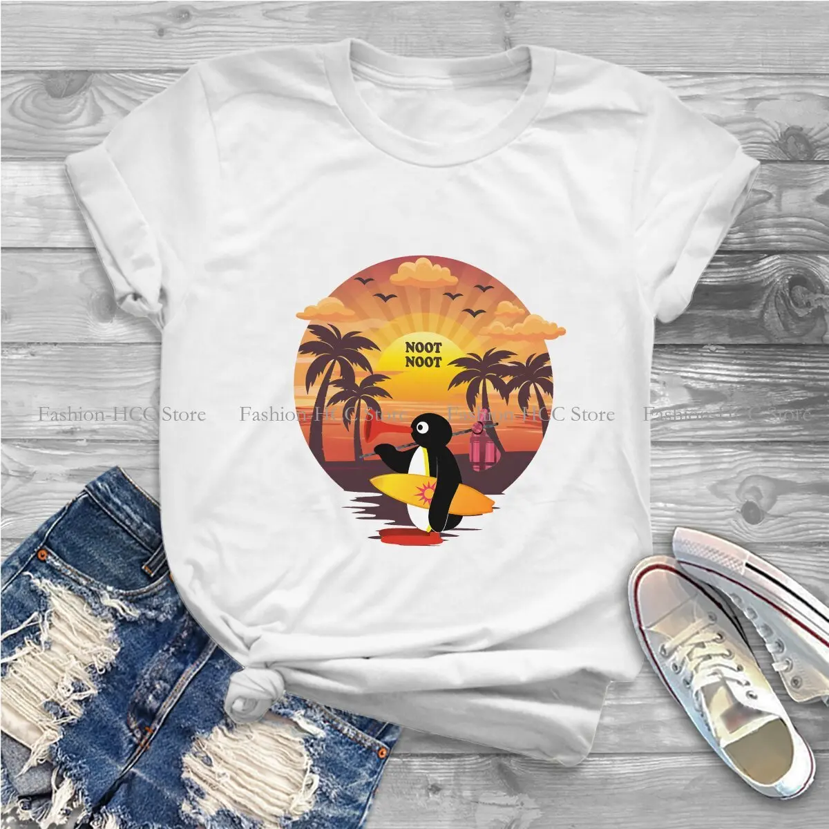 Noot Noot Sunset camiseta de poliéster casual para mulheres, tops criativos dos desenhos animados, camiseta lazer, pingu