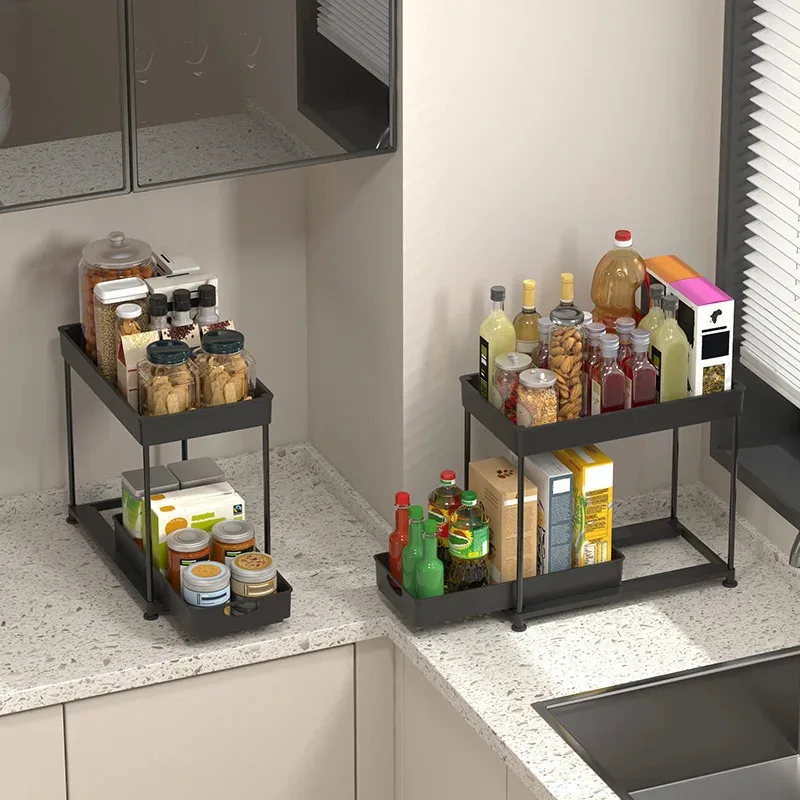 

Kitchen storage rack, bathroom storage rack, double-layer adjustable, sliding drawer, seasoning bottle storage rack