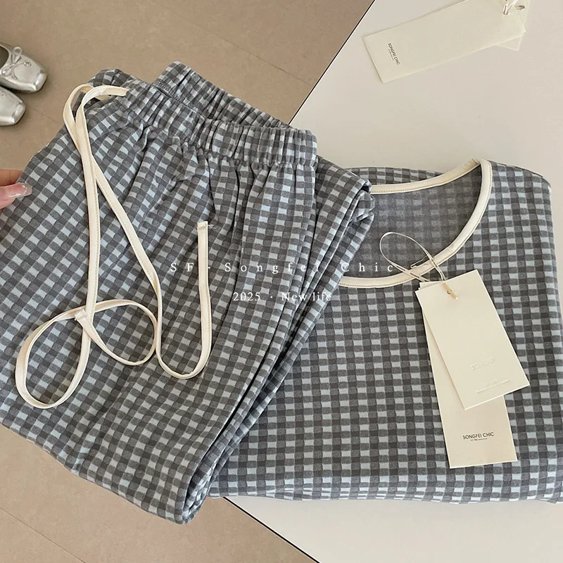

Pijama Feminino New Fashion Plaid Home Clothes For Women Casual Spring Autumn Sleepwear For Sleeping Set New Woman Pajamas