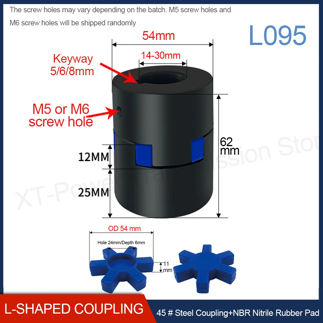 1Set L095 OD 54mm Three Jaw Coupling Inner Hole14-30mm Keyway 5/6/8mm High Torque 45 # Steel Coupling+NBR Nitrile Rubber Pad