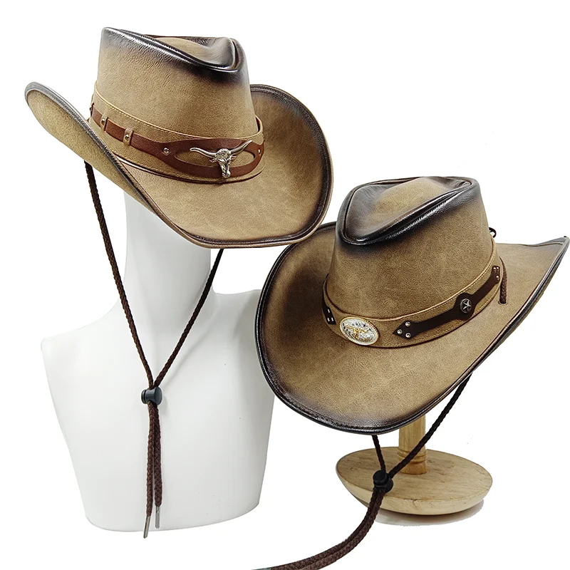 30Stlye 100% Leather Men Western Cowboy Hat For Gentleman Dad Cowgirl Sombrero Hombre Caps Big Sizelarge head