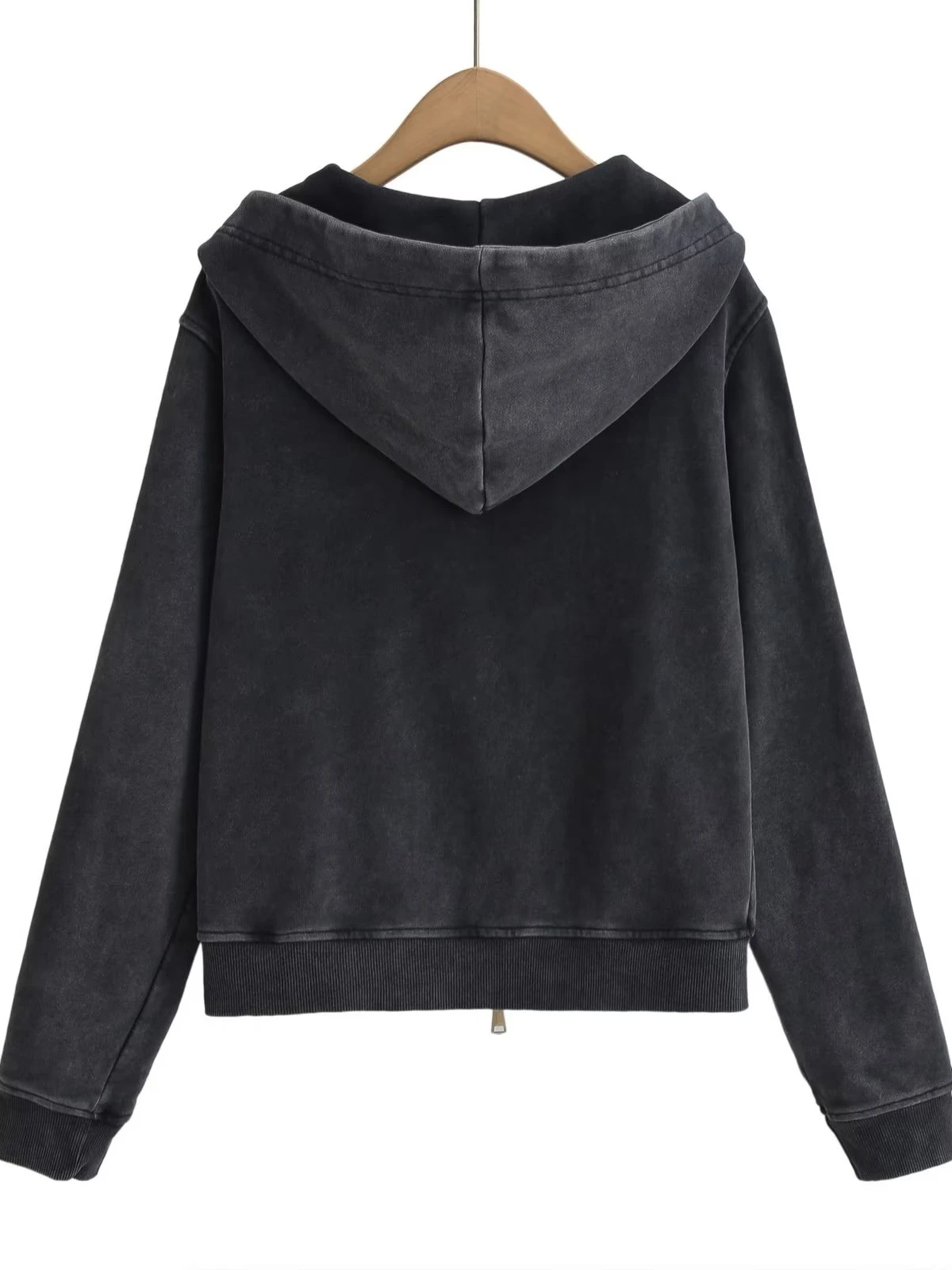 Retro Washed Grey Hoodie Short Loose Slimming Zipper Waistcoat Female Fashion Commute Style Long Sleeve Pure Color Sweatshirt