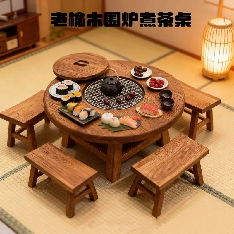 Old elm fireplace tea table autumn and winter solid wood tea table combination small bar atmosphere brewing tea table