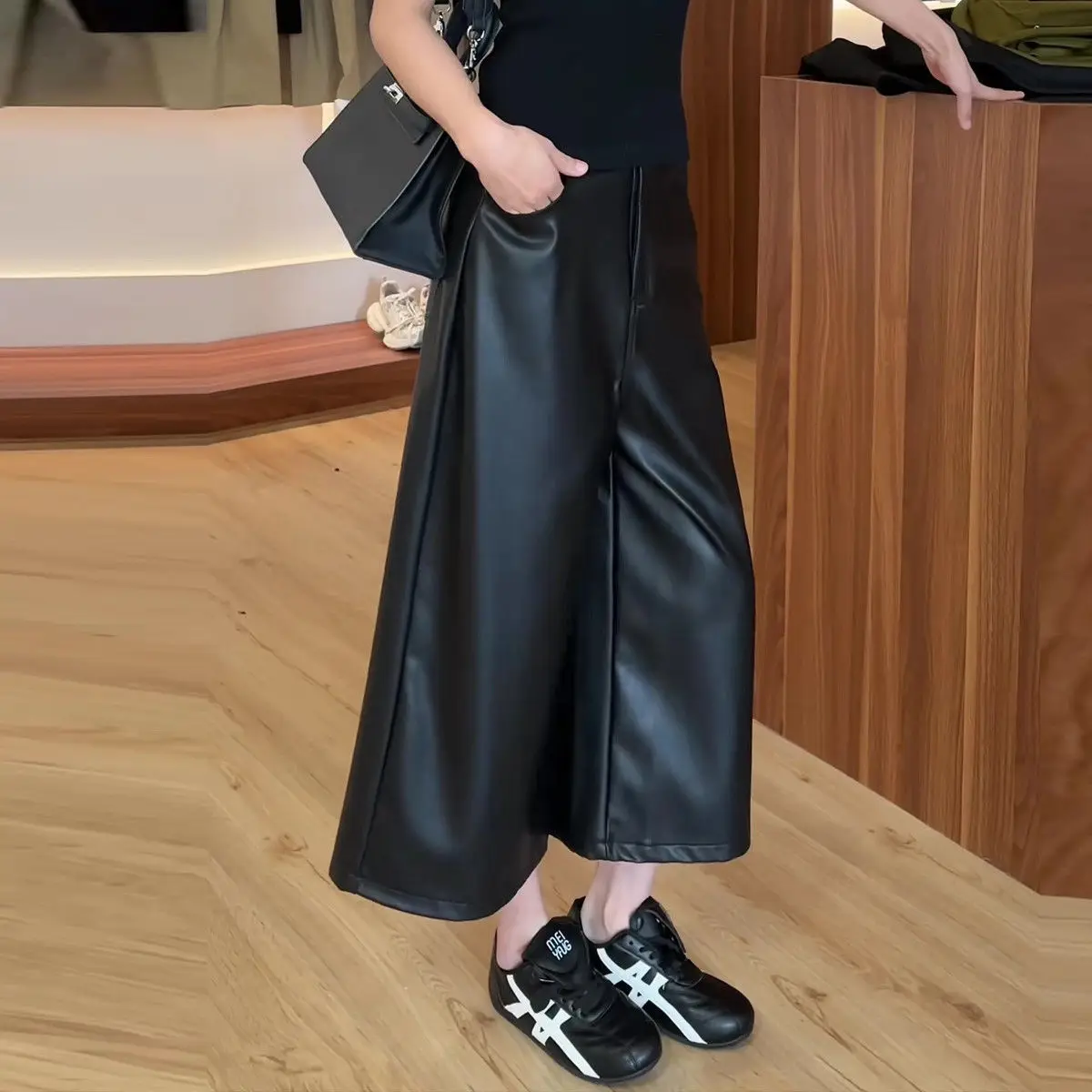 Black Pu Elastic Waistband Leather Pants For Women In Autumn And Winter, With A Slimming Effect. Nine Point Straight Leg Pants