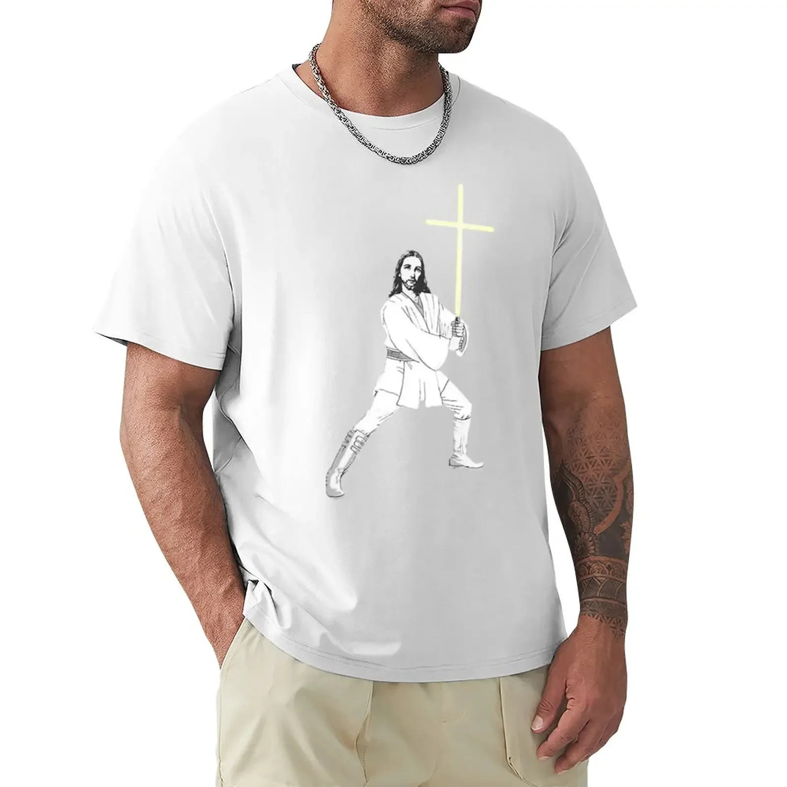 

Jesus with cross energy sword T-Shirt heavyweights cute tops plain t shirts men