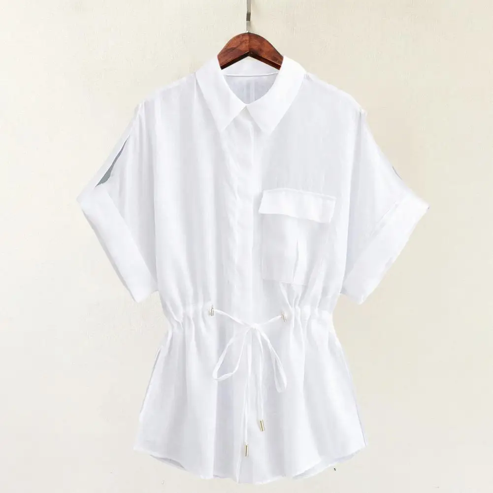 Simple Design Top Women Shirt Stylish Women's Lapel Shirt with Drawstring Waist Flap Pockets Casual Loose Fit Single for Daily