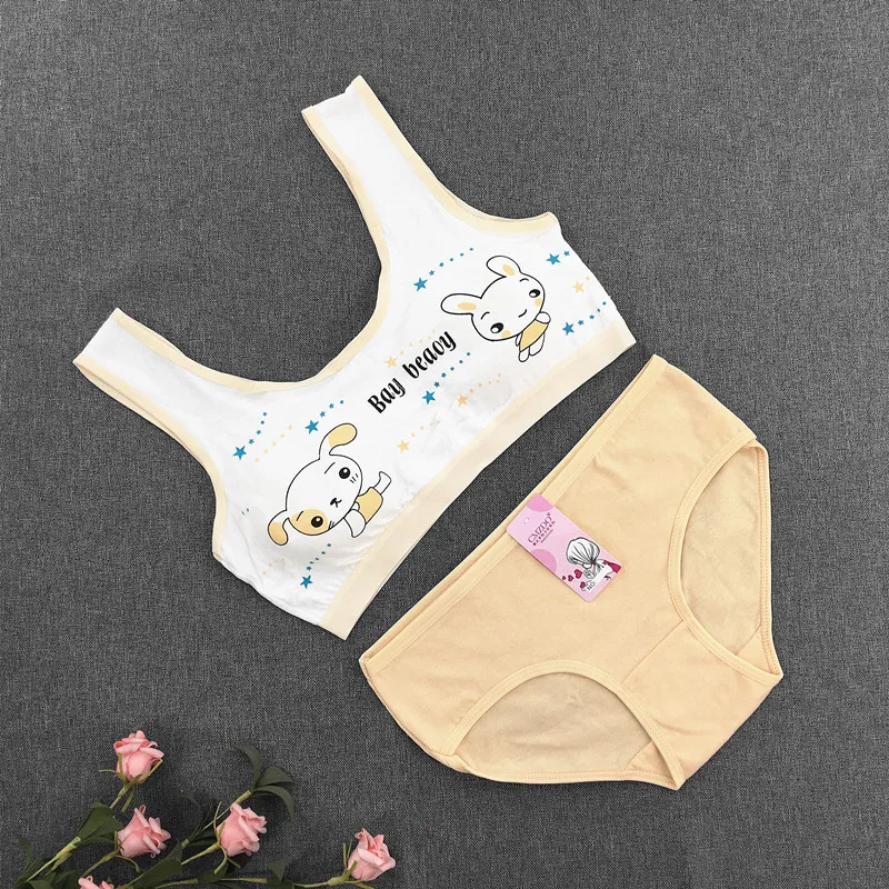 Cute Cartoon Rabbit Printing Girl Development Period Underwear Student Sports Vest Suit Girls Tube Top 8-16Y Training Bra Set