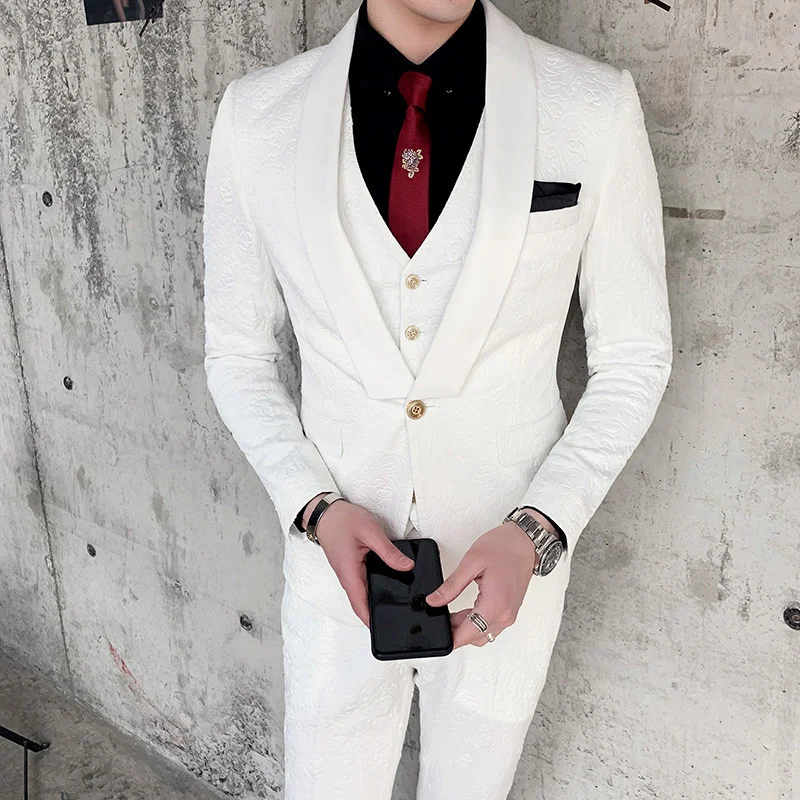 Luxury Blue Suits For Men Black Red White Rose Print Wedding Suits For Men Tuxedo Smoking Homme Mariage Costume 3 Piece Homme