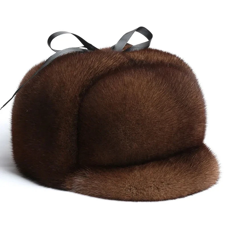 Winter Thickened Genuine Mink Fur Bomber Hat For Man Black/Brown Tag Elderly Ear Warm Chapeau Motorcycle Russian Style Mink Caps