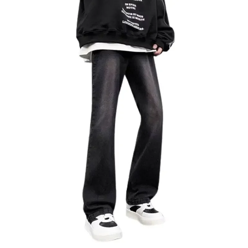

Pop Black Micro-flare Jeans Men's Spring Trendy Brand Straight Slim Casual Pants American Retro High Street Trousers Rhinestones