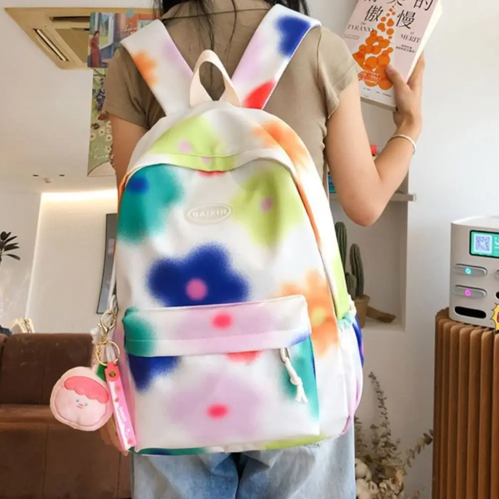 Large Capacity Flower Backpack Korean Style with Pendant Tie-dye Shoulder Bag Creative Graffiti Colorfu Floal School Bag Kids