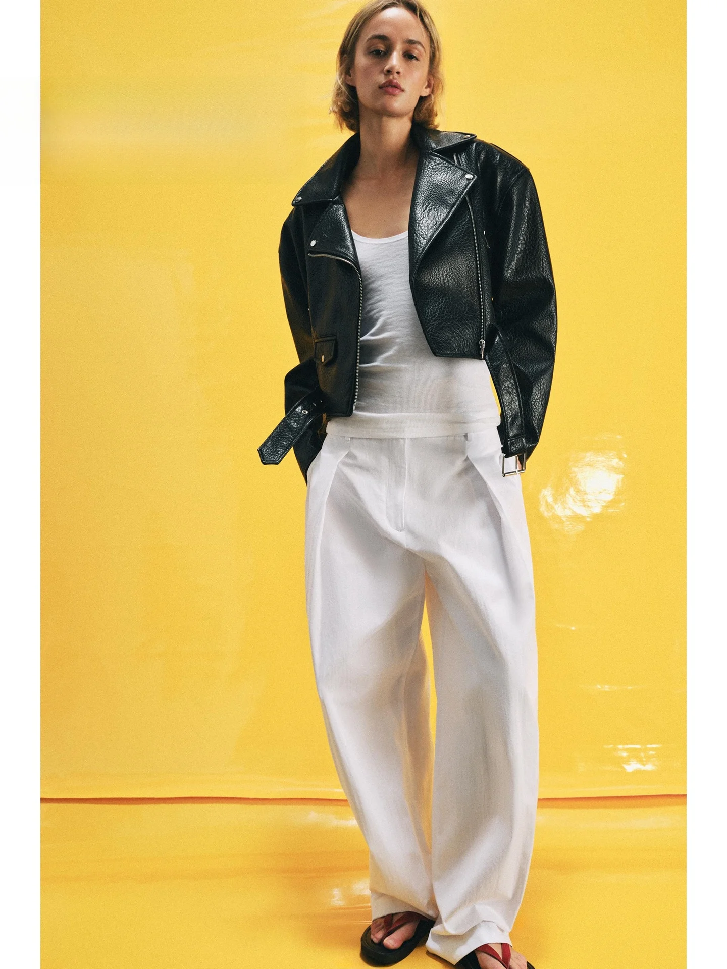 

Cool Street Style Motorcycle Jacket Women's Slim Fit Long Sleeve Collar Outerwear Leather Simulation 2026 Summer New Arrival