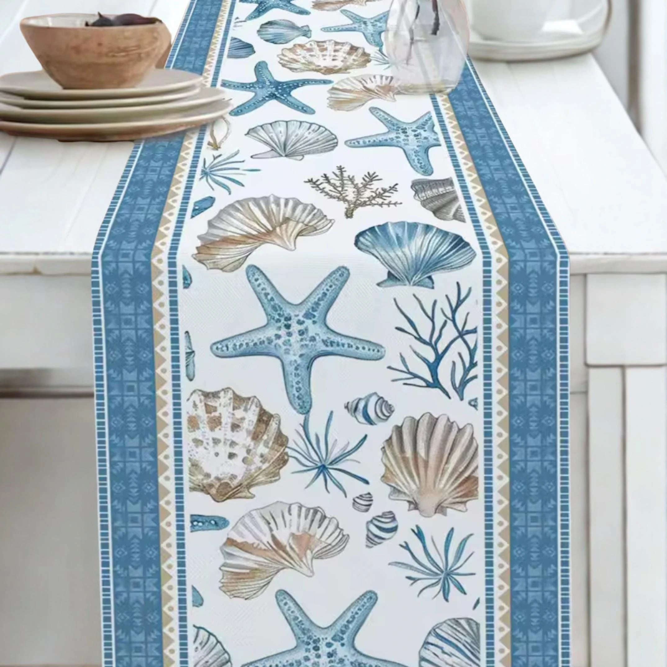 Starfish Seashell Coral Ocean Linen Table Runner Coastal Nautical Summer Decor Farmhouse Kitchen Party Table Ornament