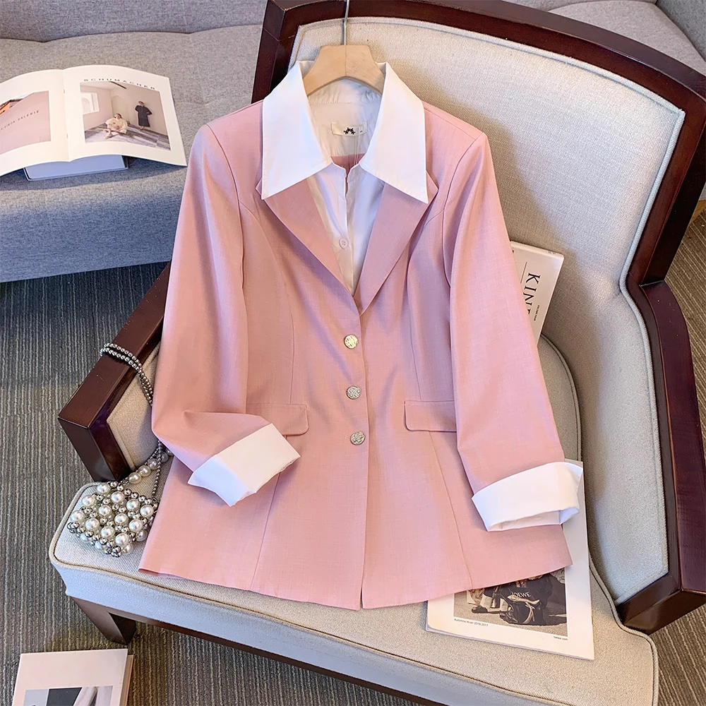 Plus size women's suit jacket lapel Pink solid color commuter fashion casual buttons loose comfortable autumn fake two pieces