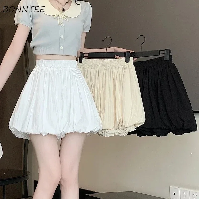 

Mini Shorts Women Solid Pleated Loose A-line Casual Simple Elastic Waist All-match Gentle Girls Trendy Ulzzang Preppy Style New