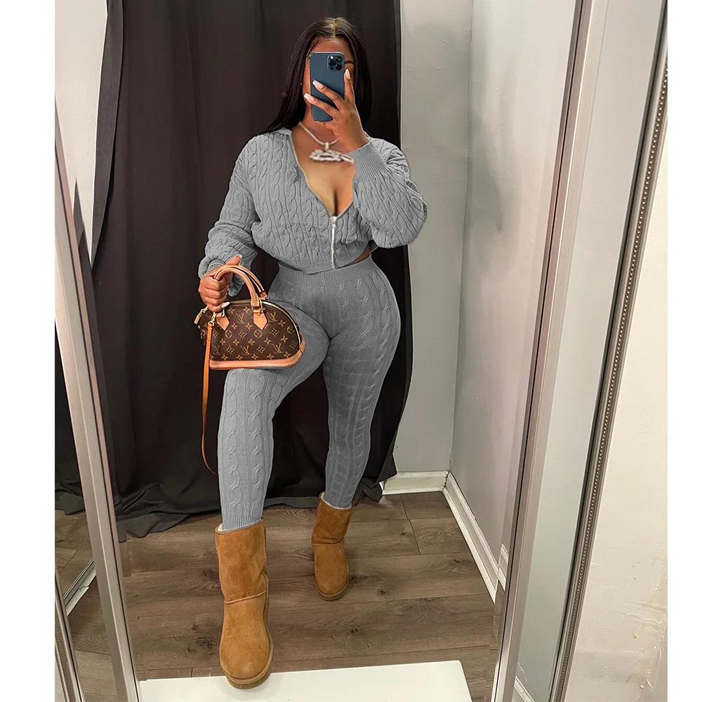 Women\'s Sweater Sets Fall Winter Fashion Knit Long-sleeved Hooded and Pants set 2 piece set lounge wear Women Casual Outfits