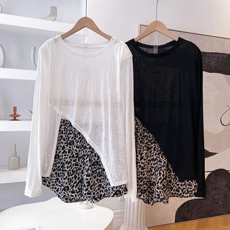 

Summer New Loose Long Sleeve T-Shirt Leopard Print Shorts Two Piece Set Women's Irregular Design Sensation Thin Micro Translu...