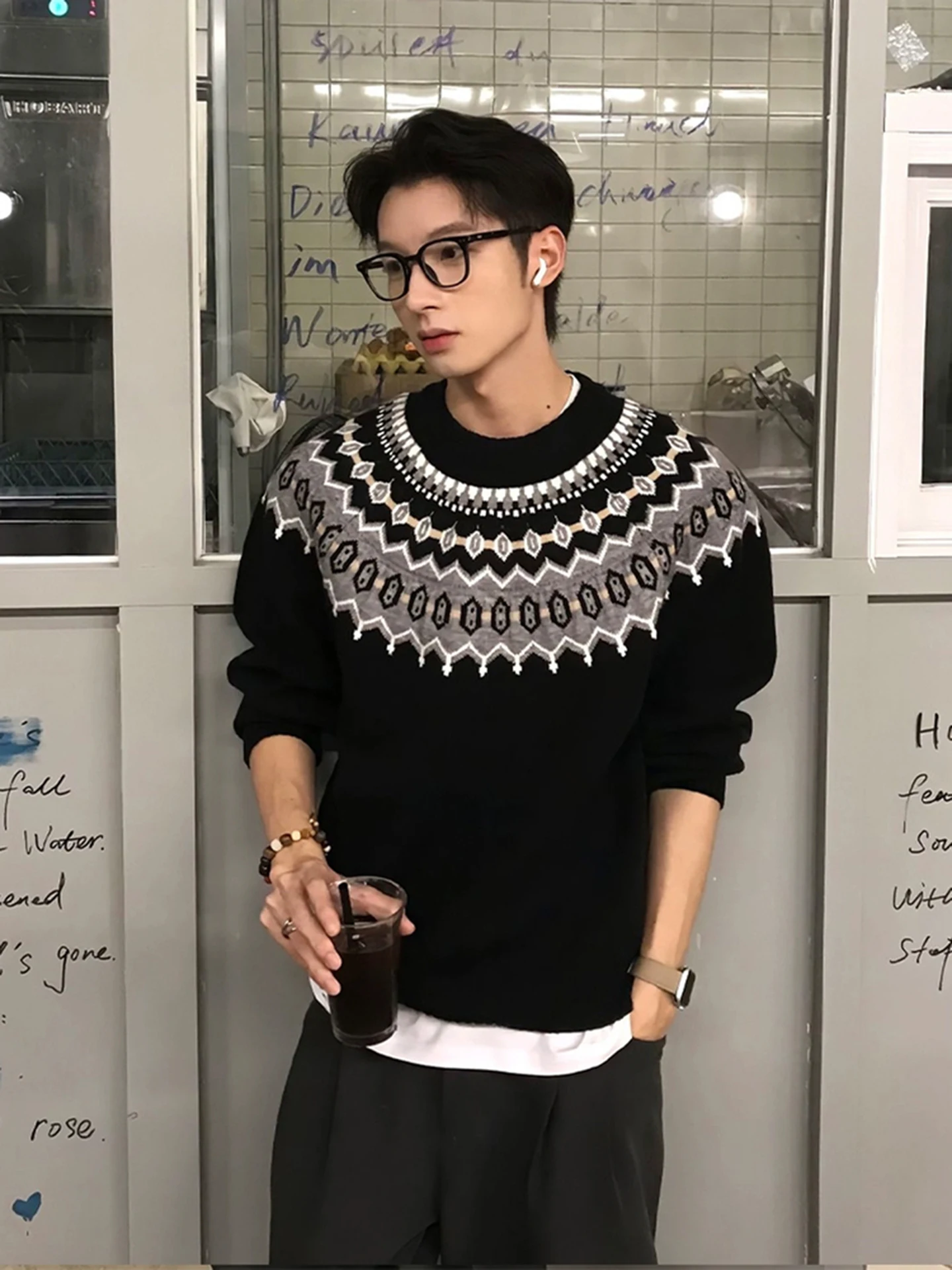 

Cleanfit Bla Fair Isle Knitwear Men's Lazy Sle round Ne Sweater American Retro Base Layer Sweater Autumn Season Casual ...