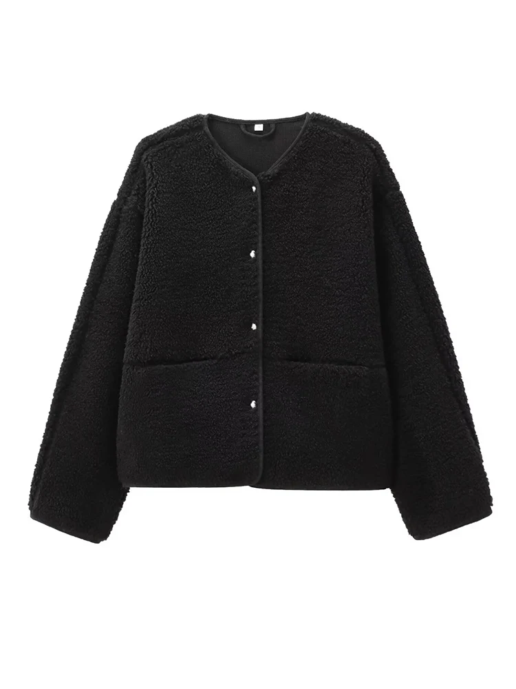 Novas mulheres sólido outono solto casaco quente high street teddy velo botão até jaqueta curta feminina casual moda casacos de pele do falso