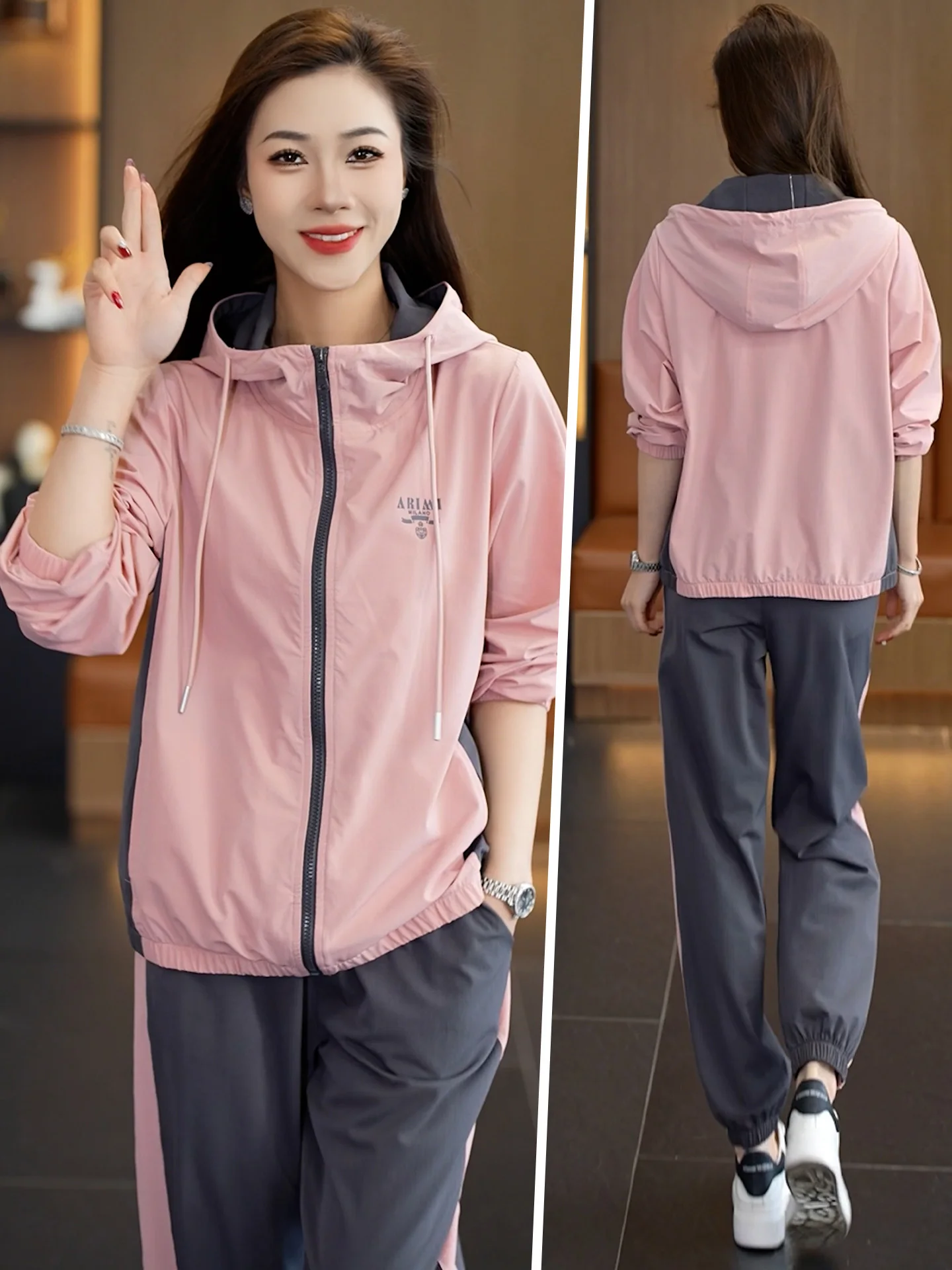 

Комплект спортивной одежды Qui Dry: женский повседневный костюм для бега, свободный крой, весна-осень, новинка, комплект из двух предметов, удобный нейлоновый комплект