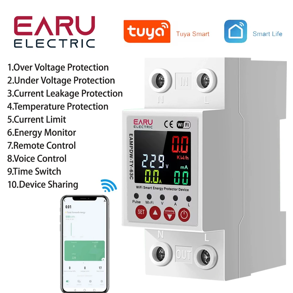 TUYA APP WiFi Smart Color Screen Earth Leakage Over Under Voltage Protector Relay Device Switch Breaker Energy Power kWh Meter