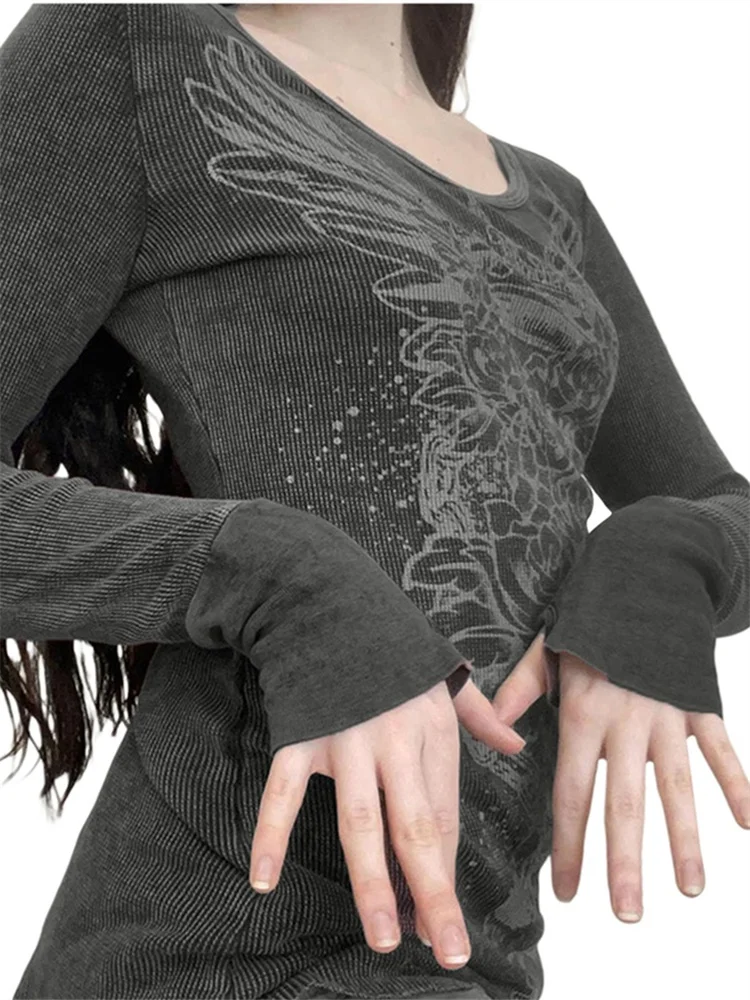 المرأة تي شيرت خمر زهرة طباعة كم طويل طاقم الرقبة سليم صالح القمم قمصان الخريف عادية Y2K الملابس الجمالية